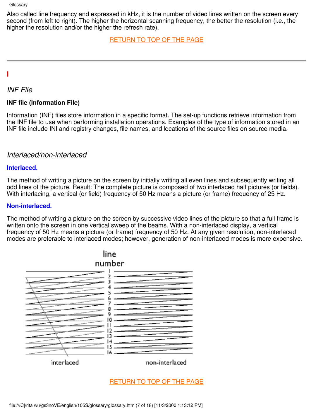 Philips 105S26 user manual INF File, Interlaced/non-interlaced 