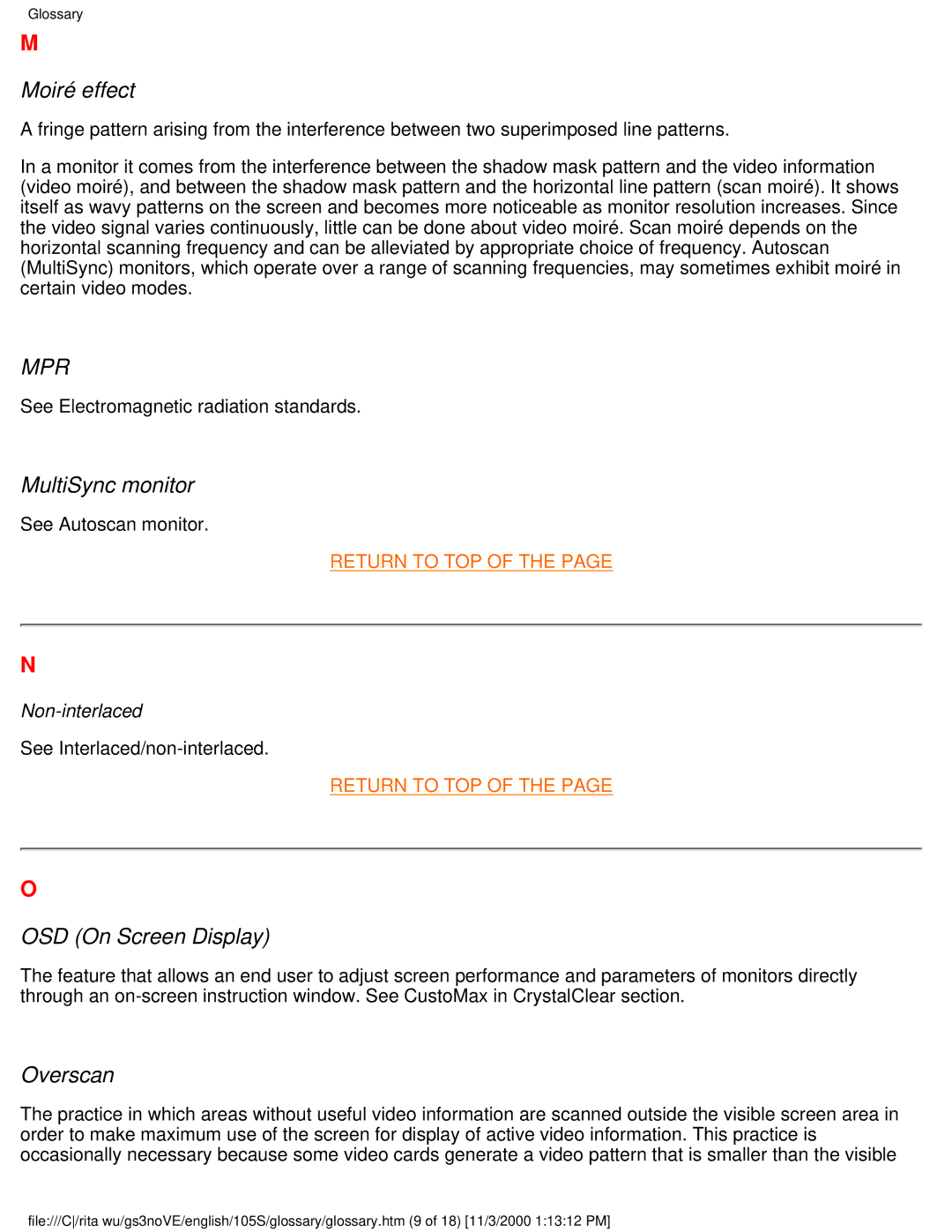 Philips 105S26 user manual Moiré effect, MultiSync monitor, OSD On Screen Display, Overscan 