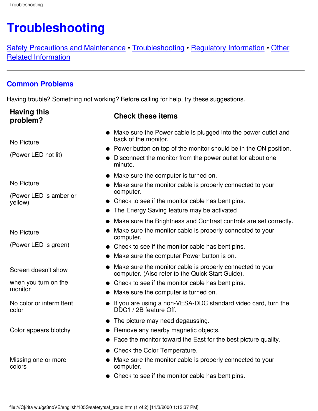 Philips 105S26 user manual Troubleshooting, Common Problems 