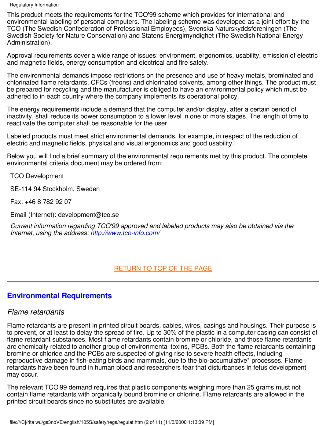 Philips 105S26 user manual Environmental Requirements, Flame retardants 