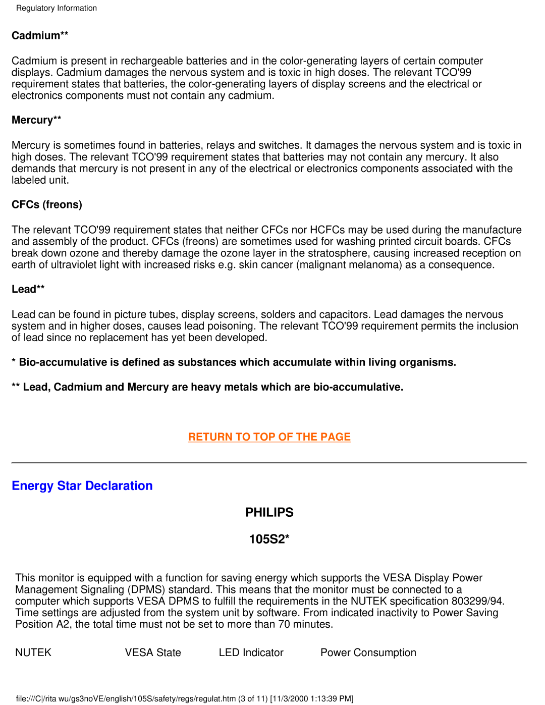 Philips 105S26 user manual Energy Star Declaration, Philips 