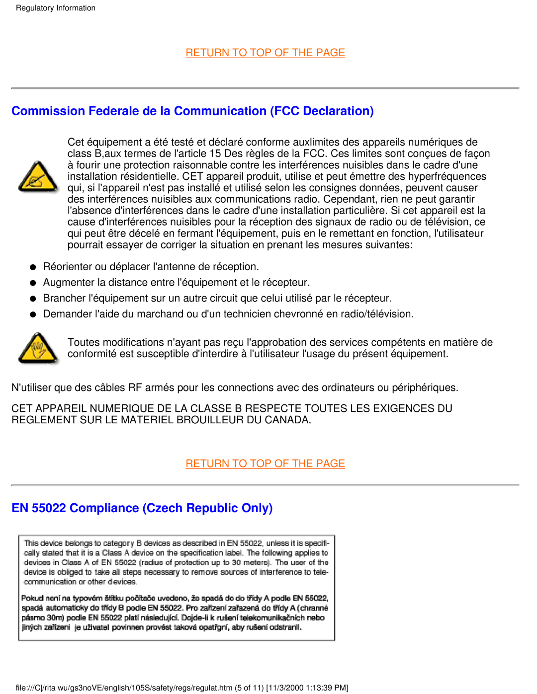 Philips 105S26 user manual Commission Federale de la Communication FCC Declaration, EN 55022 Compliance Czech Republic Only 