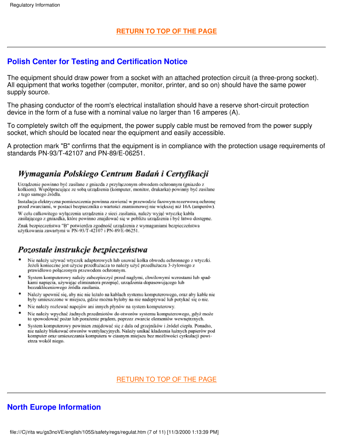 Philips 105S26 user manual Polish Center for Testing and Certification Notice, North Europe Information 