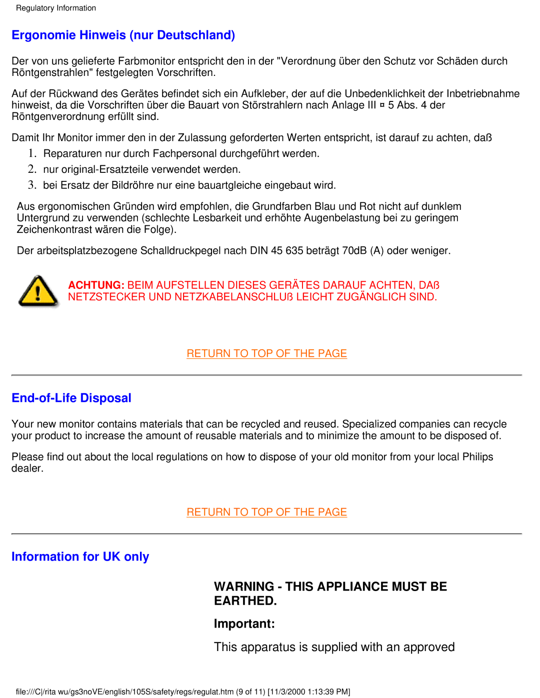 Philips 105S26 user manual Ergonomie Hinweis nur Deutschland, End-of-Life Disposal, Information for UK only, Earthed 