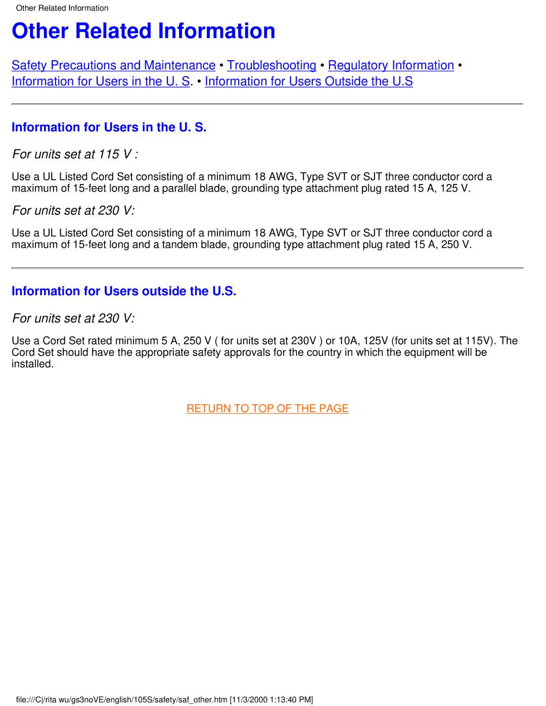 Philips 105S26 Other Related Information, Information for Users in the U. S, For units set at 115, For units set at 230 