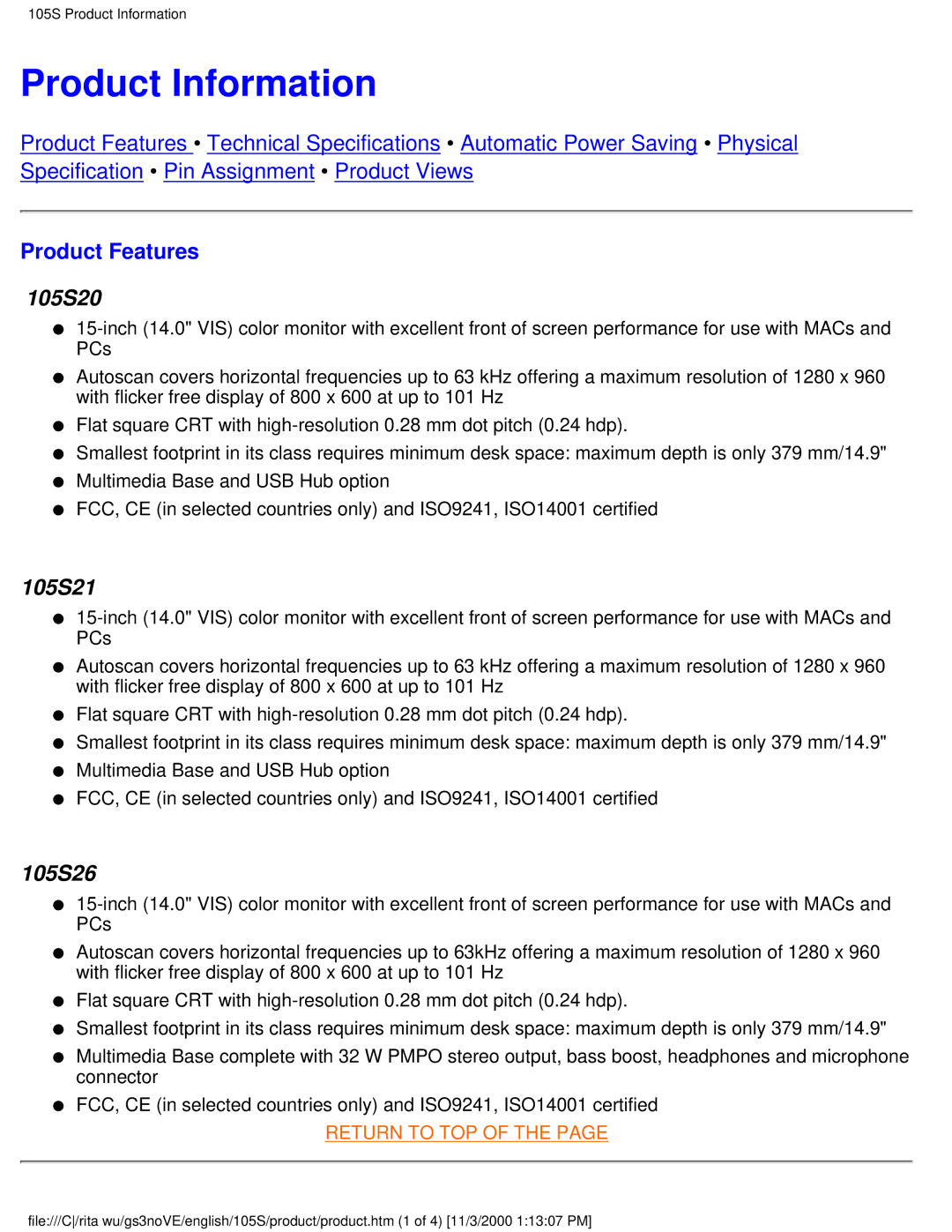 Philips 105S26 user manual Product Information, Product Features 