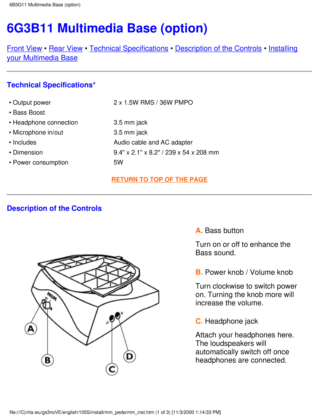 Philips 105S26 user manual 6G3B11 Multimedia Base option, Description of the Controls 