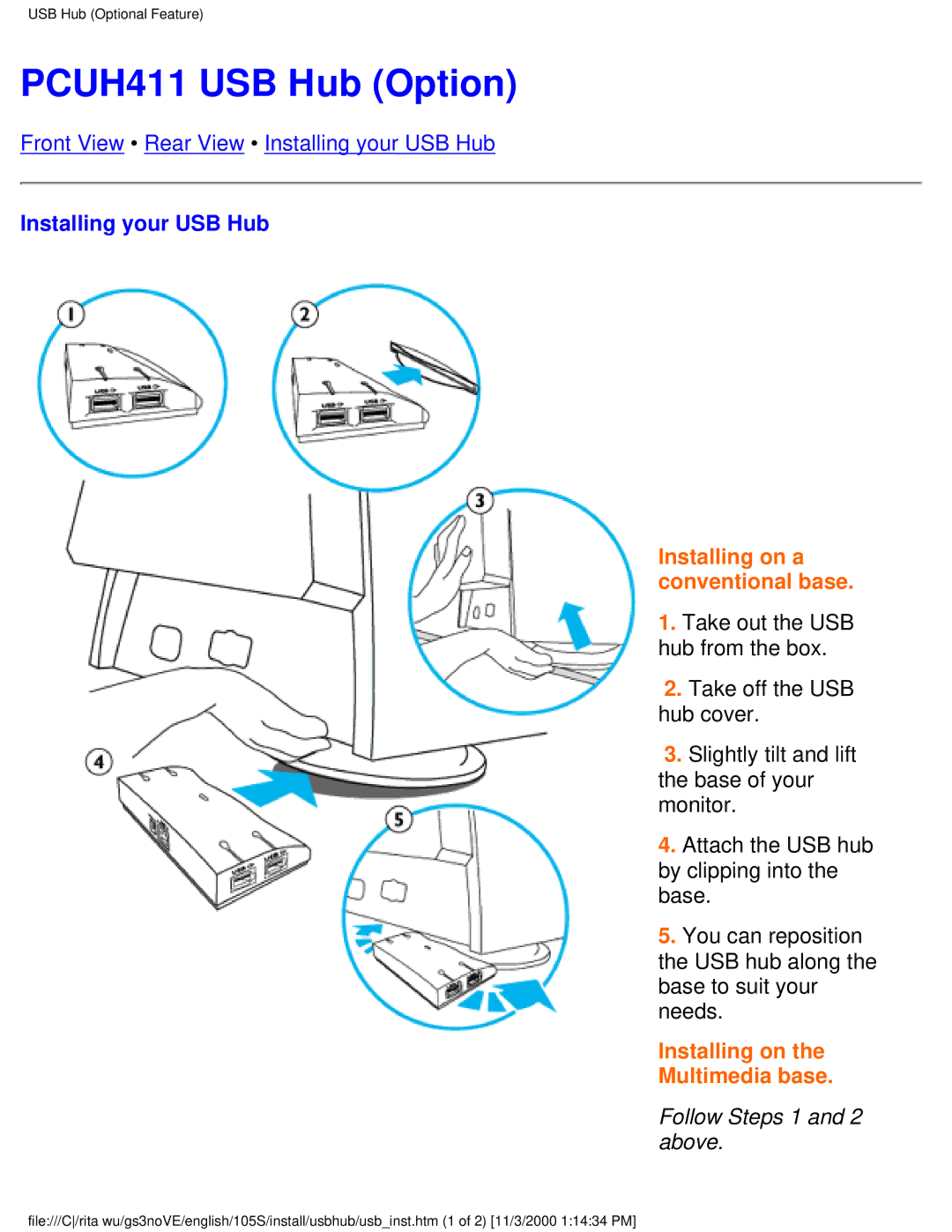 Philips 105S26 user manual PCUH411 USB Hub Option, Installing your USB Hub, Follow Steps 1 and 2 above 