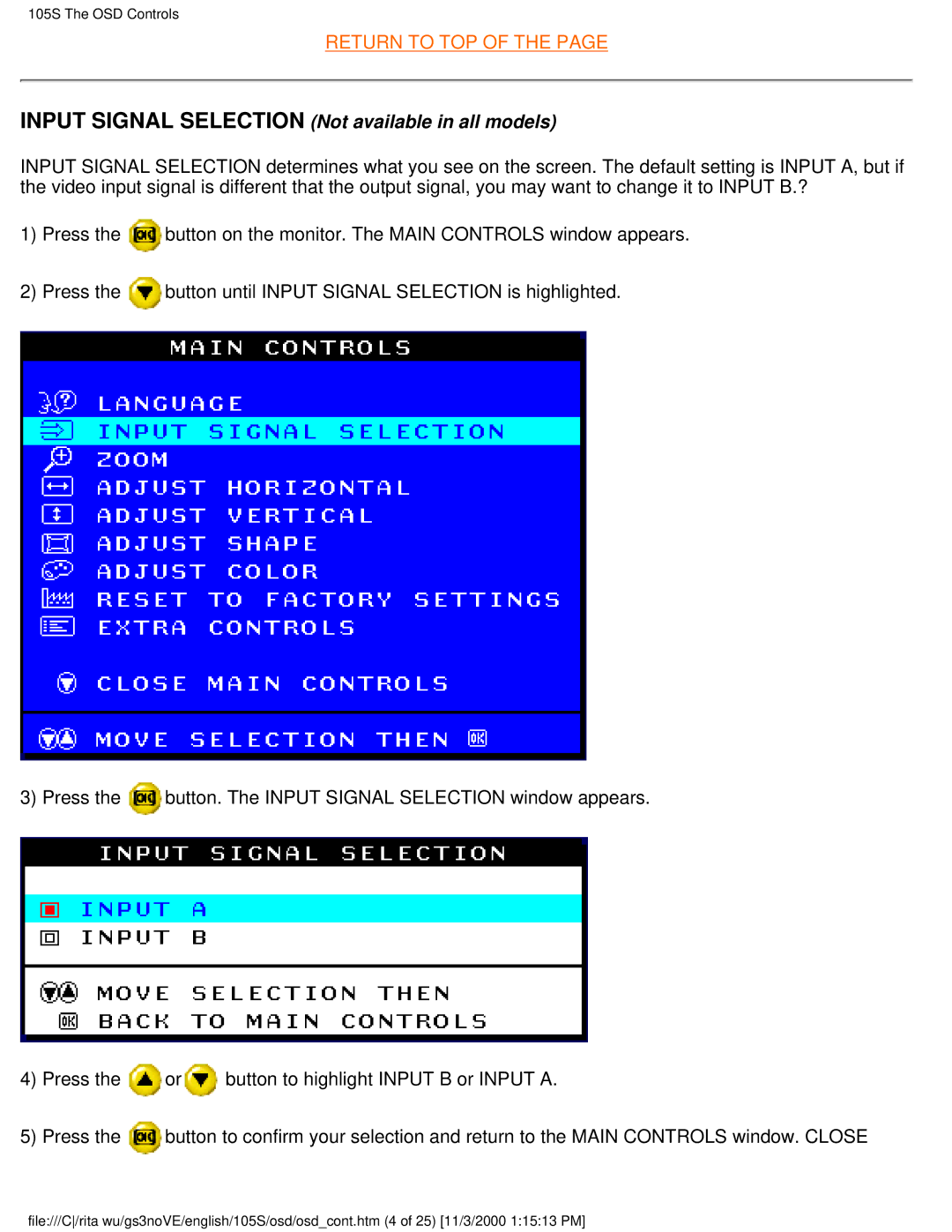 Philips 105S26 user manual Input Signal Selection Not available in all models 