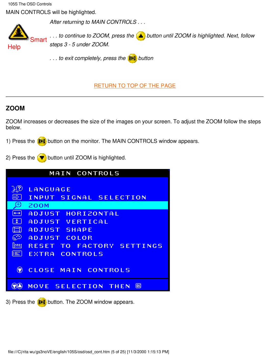 Philips 105S26 user manual Zoom 