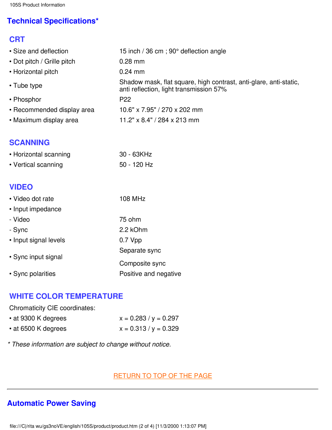 Philips 105S26 user manual Technical Specifications, Automatic Power Saving 