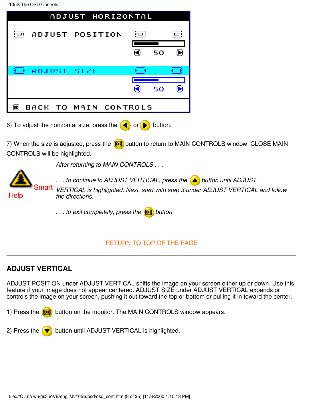 Philips 105S26 user manual Adjust Vertical 