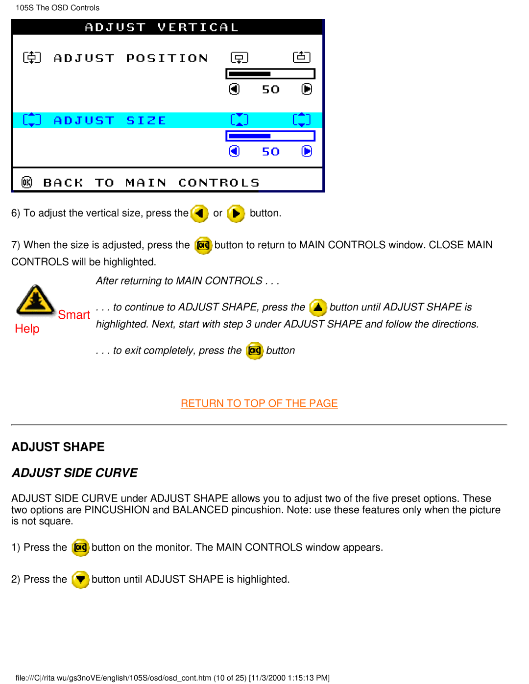 Philips 105S26 user manual Adjust Shape, Adjust Side Curve 