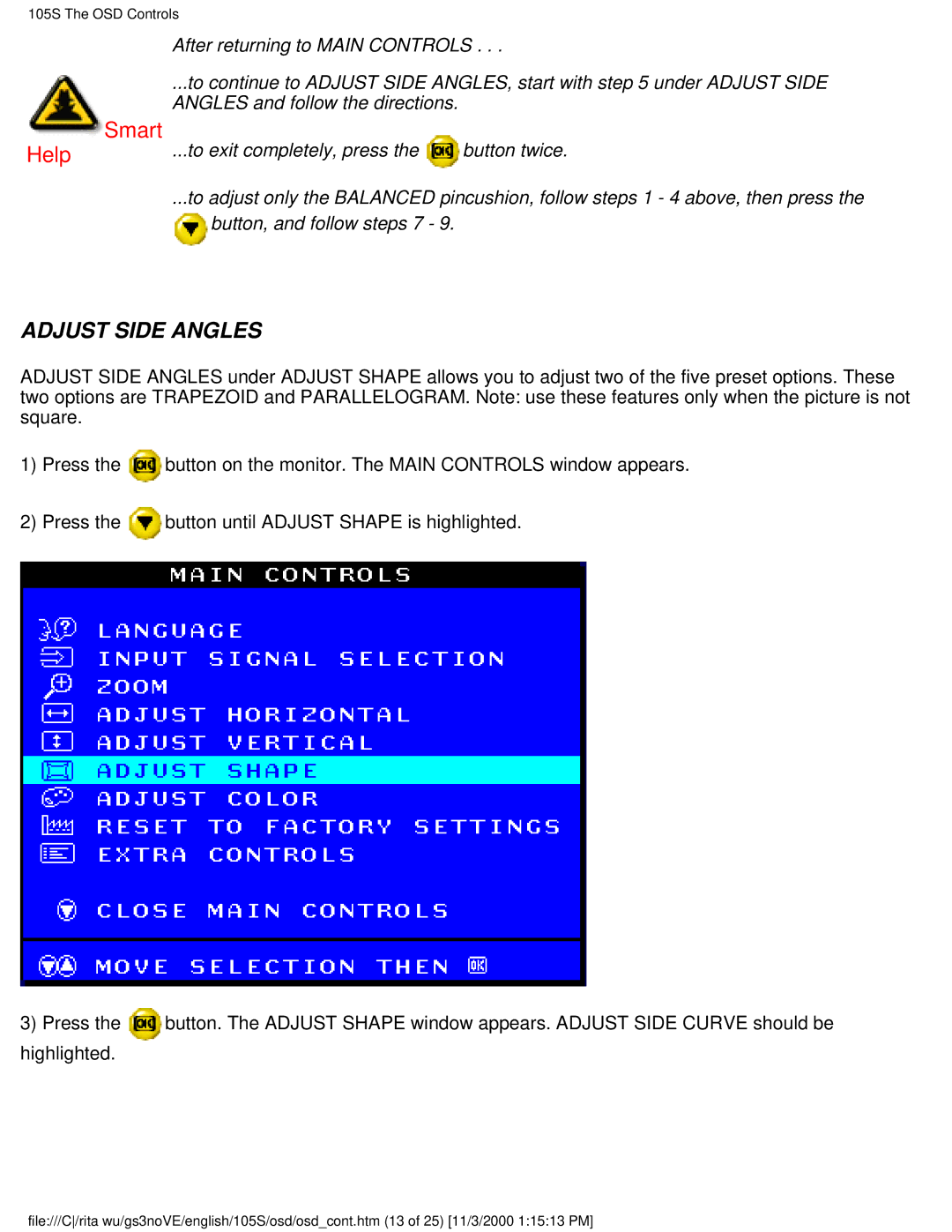 Philips 105S26 user manual Adjust Side Angles 