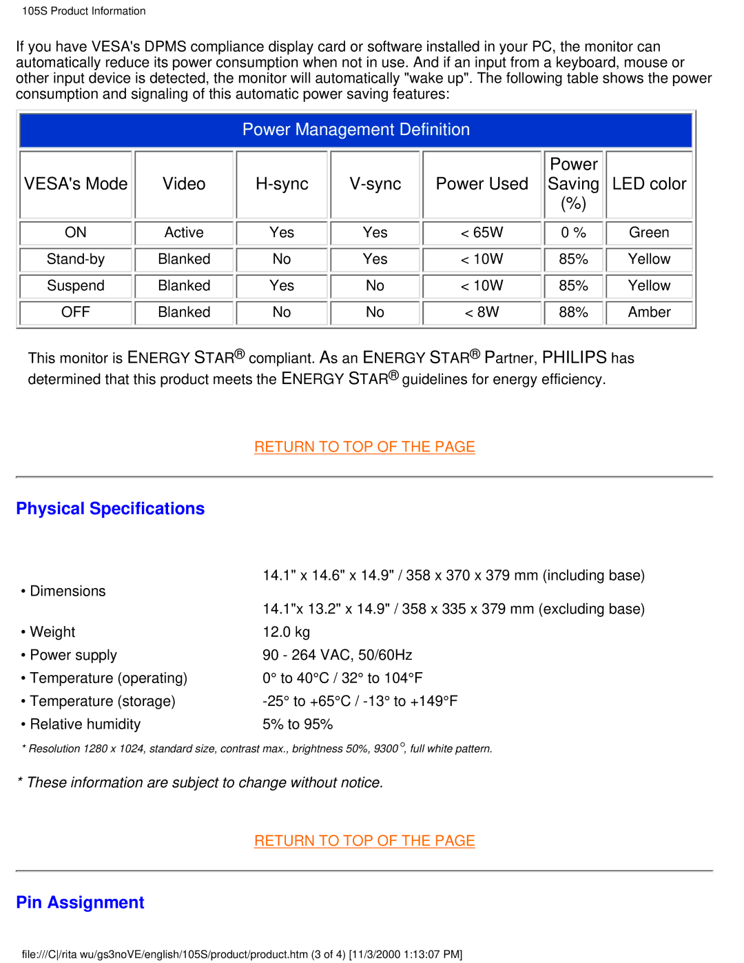 Philips 105S26 user manual Physical Specifications, Pin Assignment 