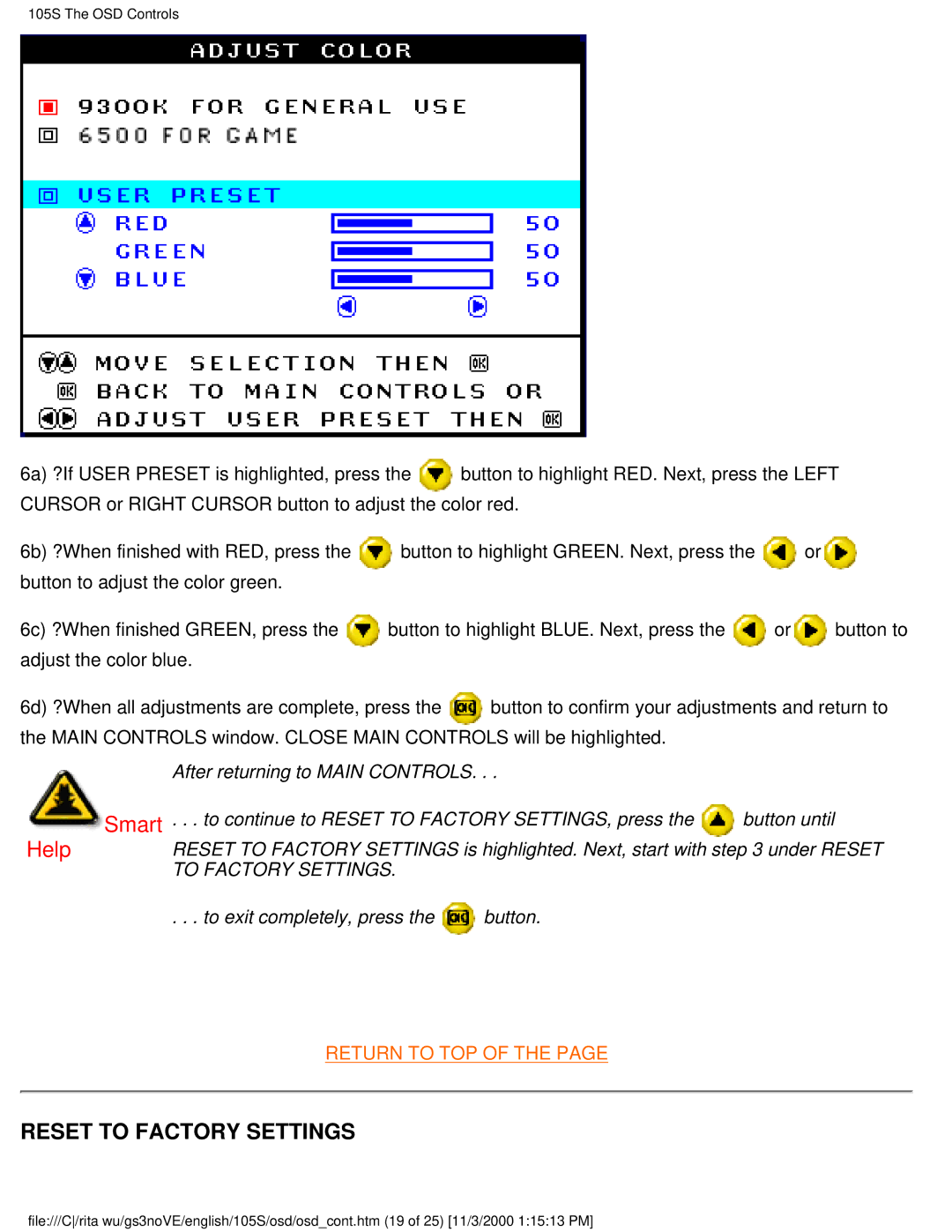 Philips 105S26 user manual Reset to Factory Settings 