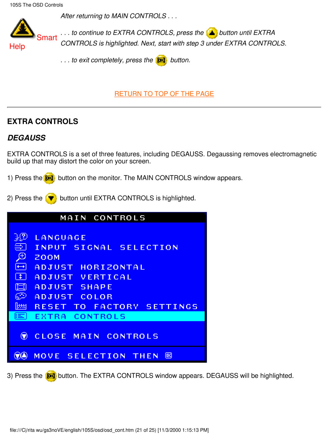 Philips 105S26 user manual Extra Controls, Degauss 