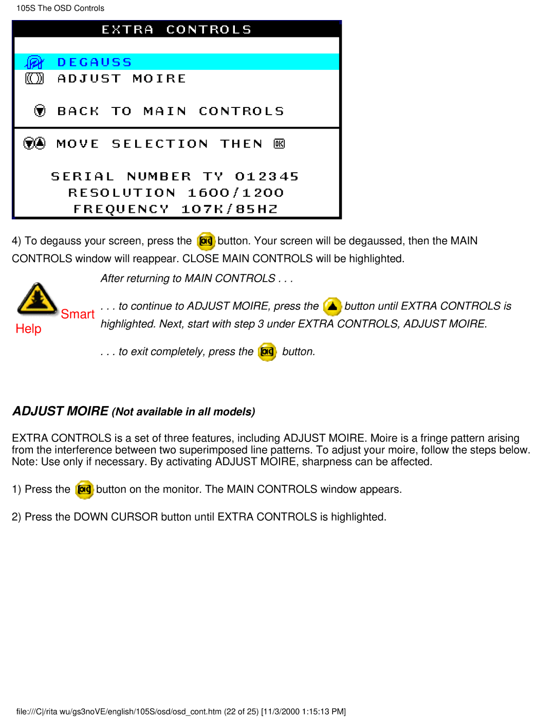 Philips 105S26 user manual Adjust Moire Not available in all models 