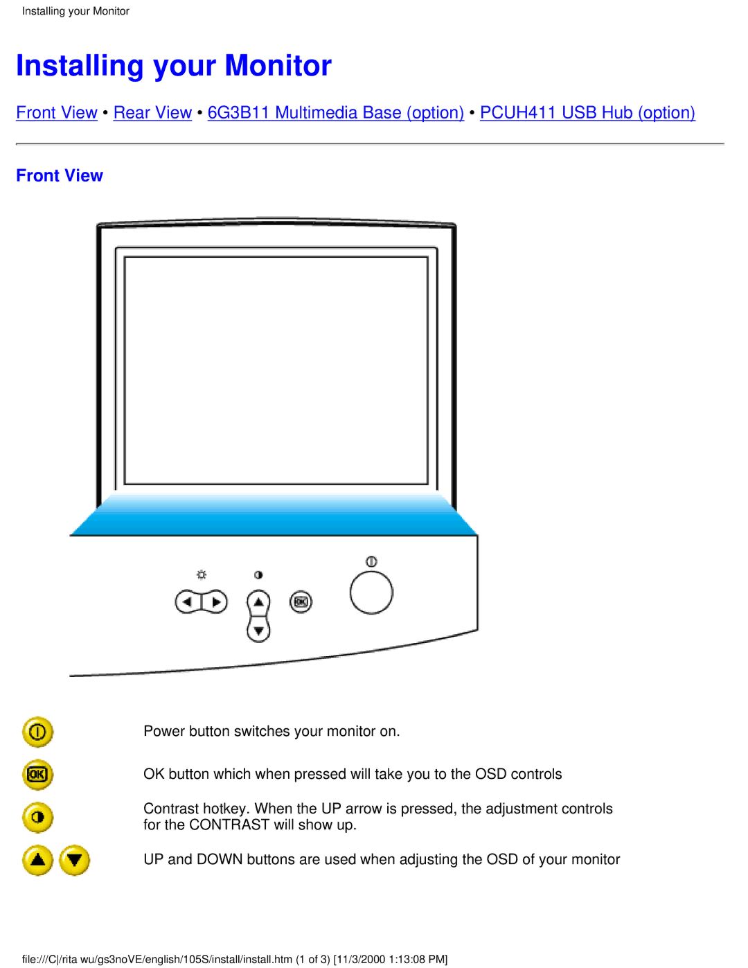 Philips 105S26 user manual Installing your Monitor, Front View 