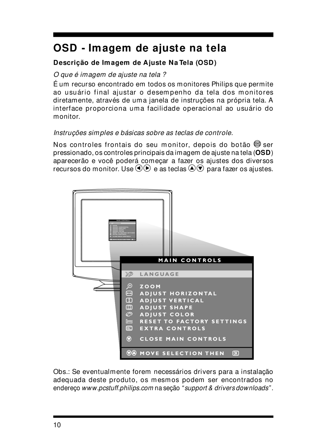 Philips 105S29, 105S21 manual OSD Imagem de ajuste na tela, Descrição de Imagem de Ajuste Na Tela OSD 