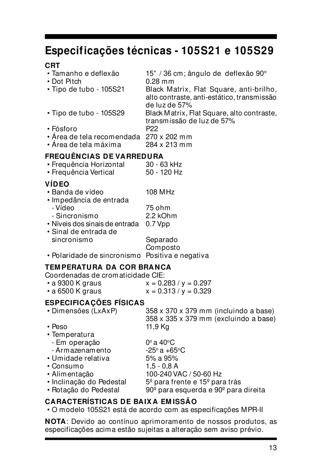 Philips manual Especificações técnicas 105S21 e 105S29, Crt 