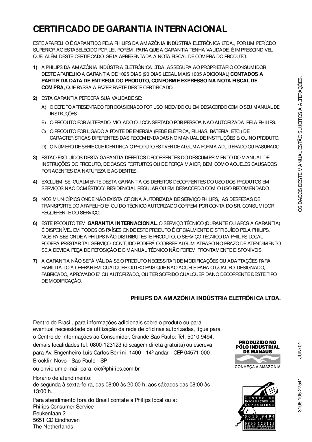 Philips 105S29, 105S21 manual Certificado DE Garantia Internacional 