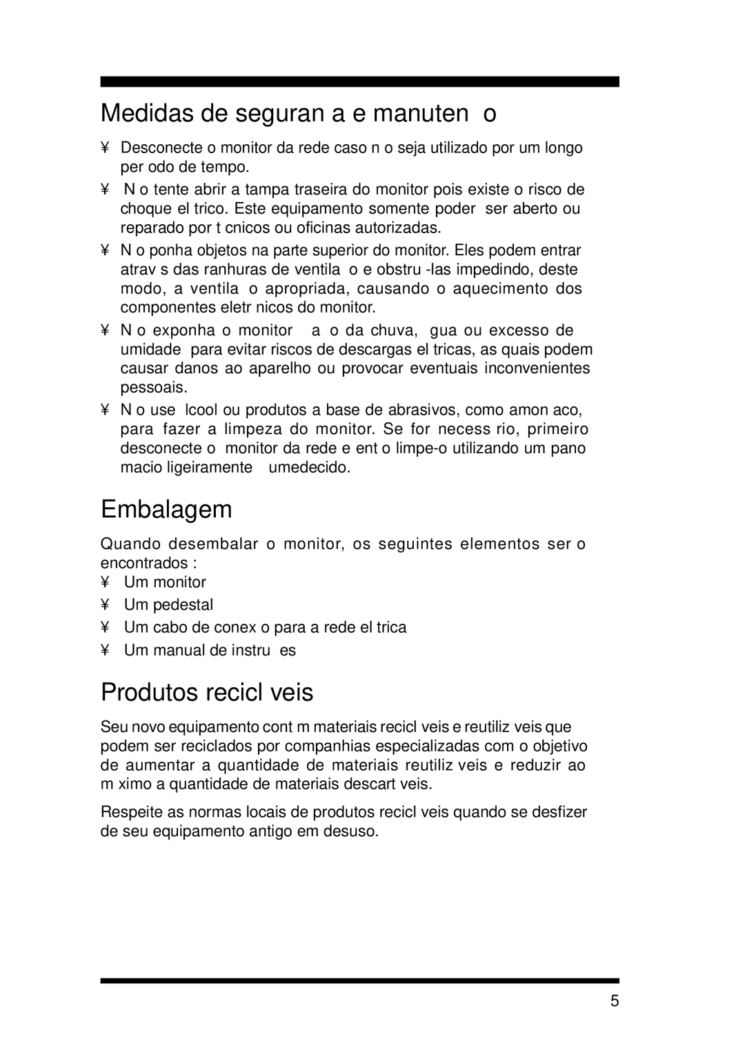 Philips 105S21, 105S29 manual Medidas de segurança e manutenção, Embalagem, Produtos recicláveis 