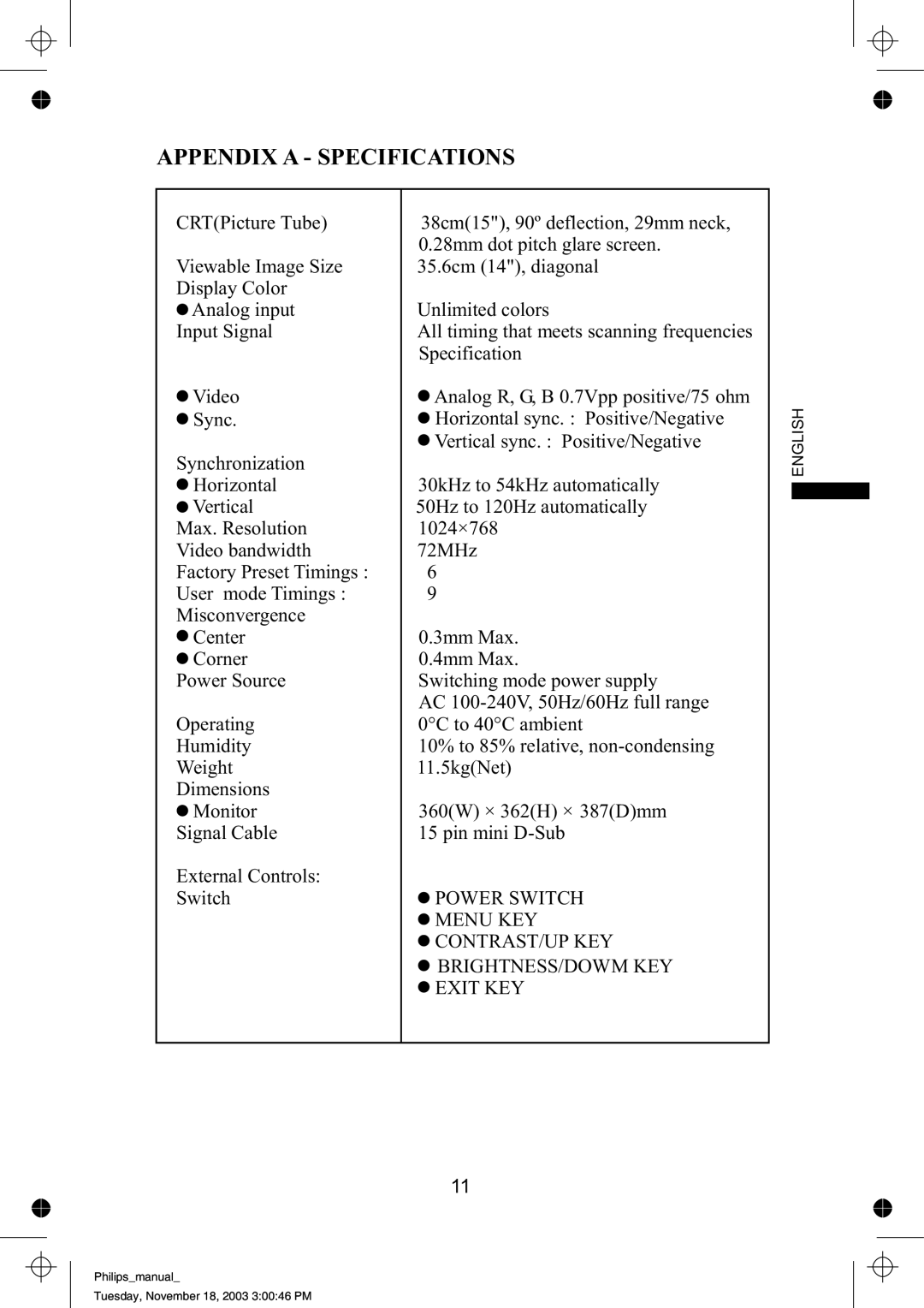 Philips 105S63, 105S69 manual Appendix a Specifications 