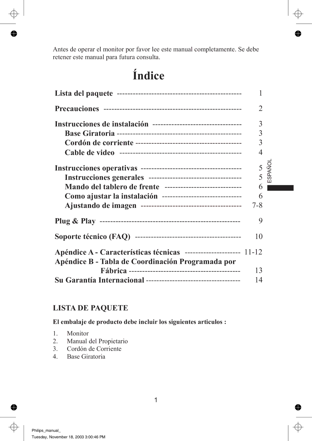 Philips 105S63 Apéndice a Características técnicas, Apéndice B Tabla de Coordinación Programada por, Lista DE Paquete 