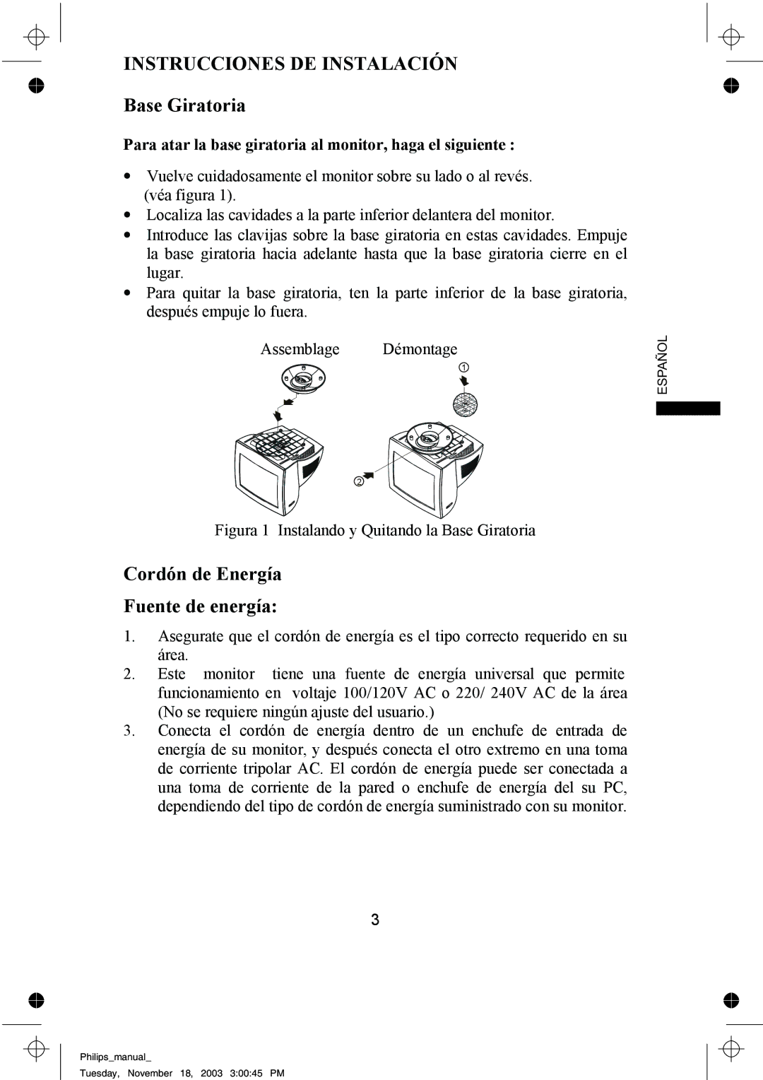 Philips 105S63, 105S69 manual Instrucciones DE Instalación, Base Giratoria, Cordón de Energía Fuente de energía 