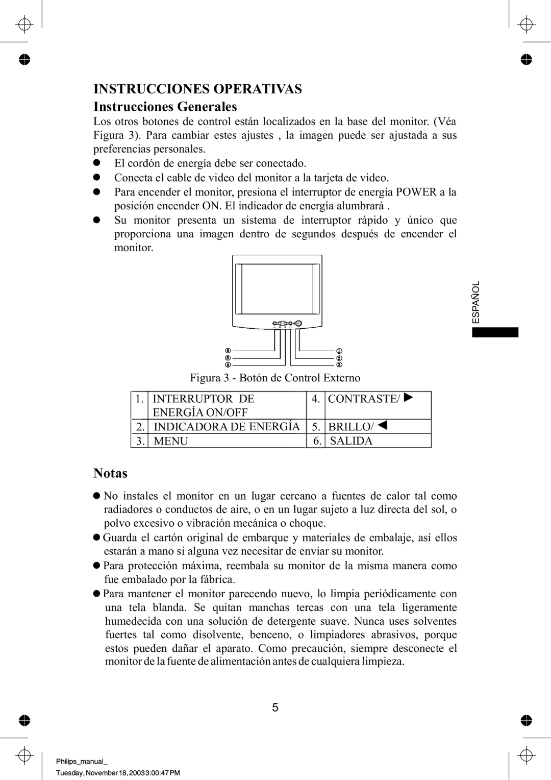 Philips 105S63, 105S69 manual Instrucciones Operativas, Instrucciones Generales, Notas 