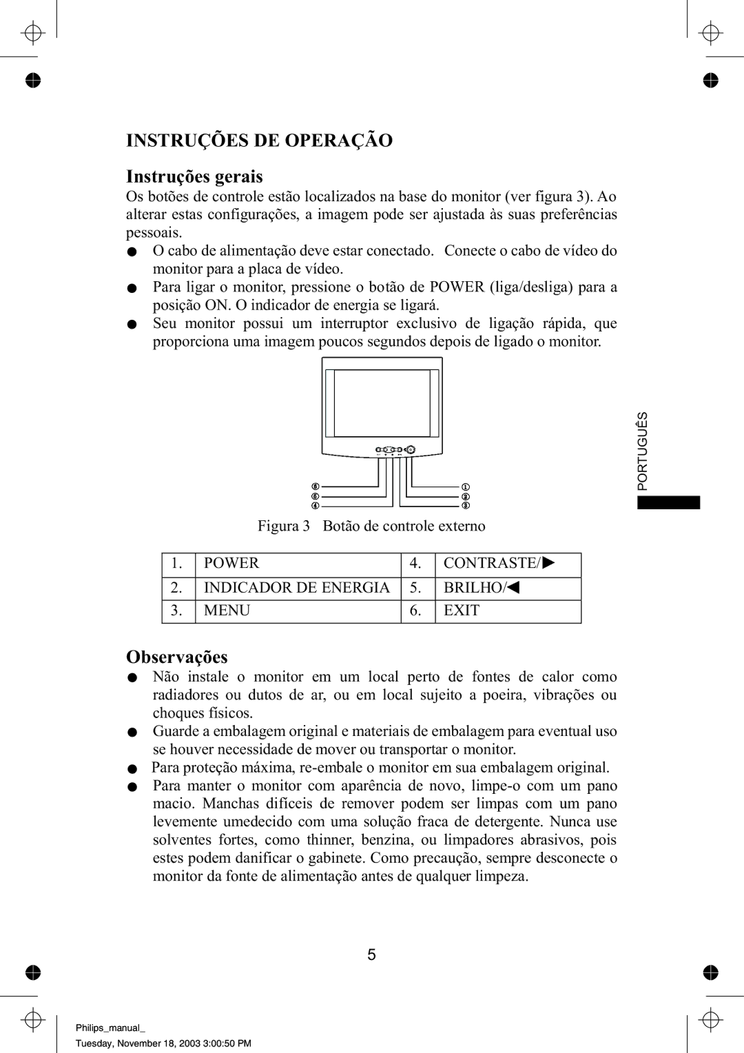 Philips 105S63, 105S69 manual Instruções DE Operação, Instruções gerais, Observações 