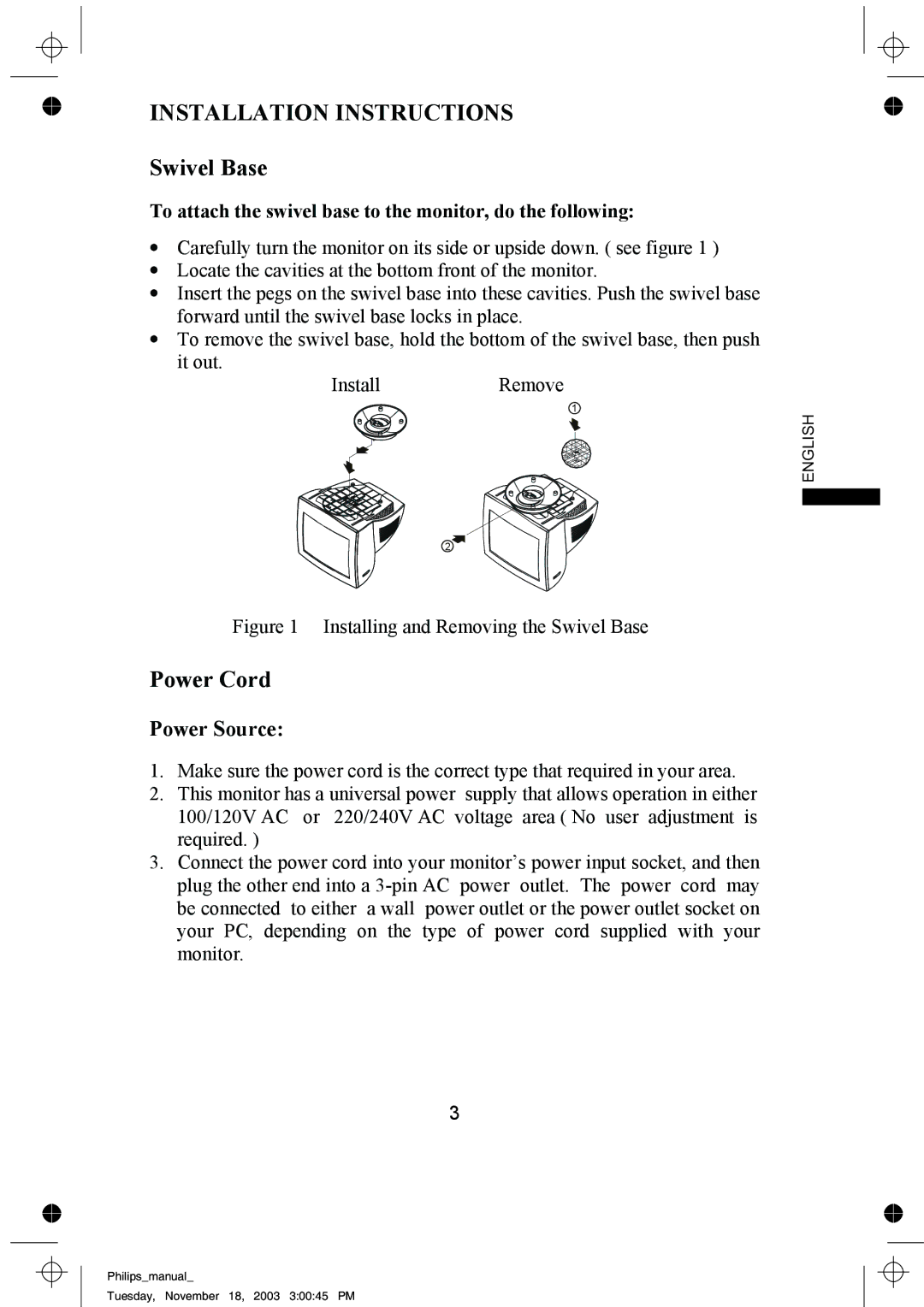 Philips 105S63, 105S69 manual Installation Instructions, Swivel Base, Power Cord 