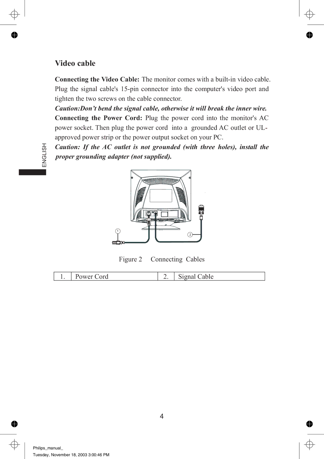 Philips 105S69, 105S63 manual Video cable 