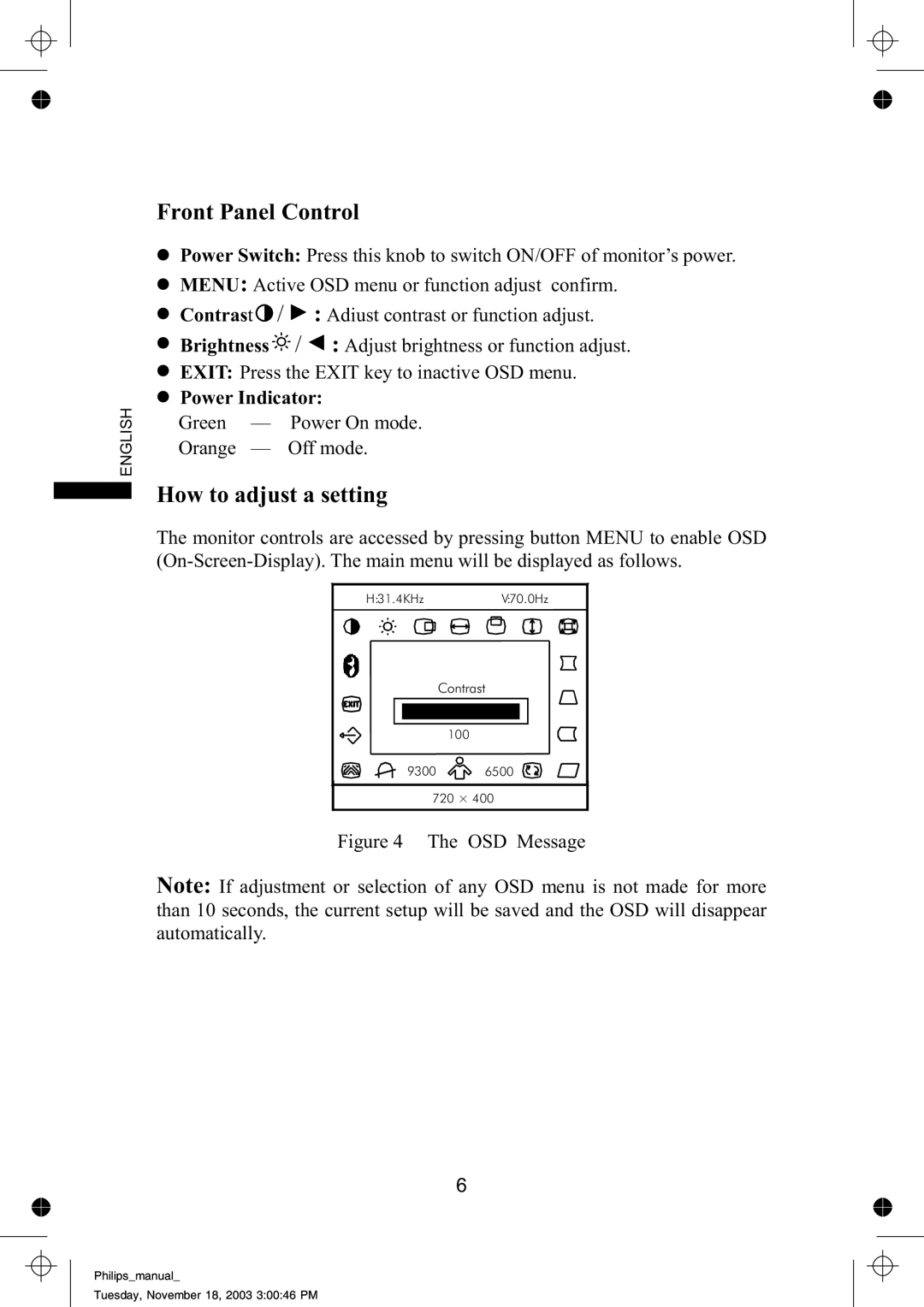 Philips 105S69, 105S63 manual Front Panel Control, How to adjust a setting 