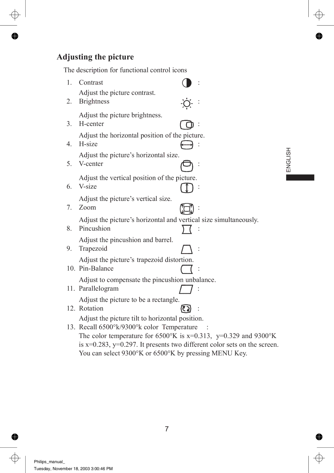 Philips 105S63, 105S69 manual Adjusting the picture 