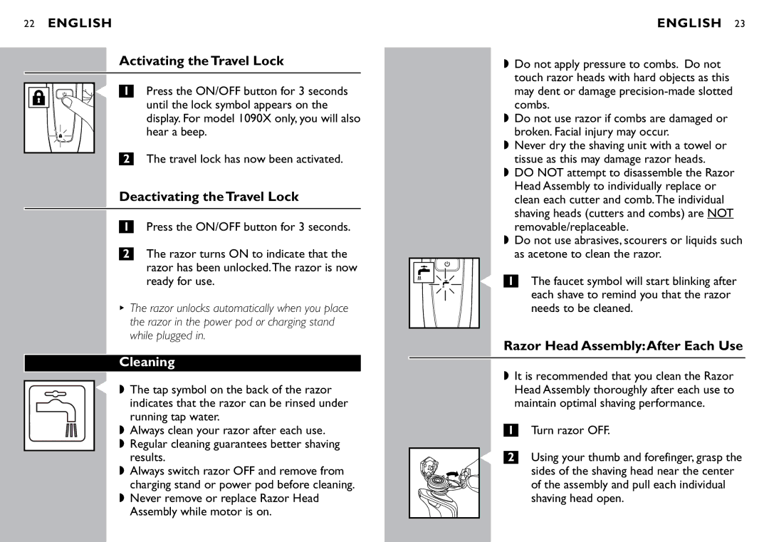 Philips 1060X, 1059X Activating the Travel Lock, Deactivating the Travel Lock, Cleaning, Razor Head AssemblyAfter Each Use 
