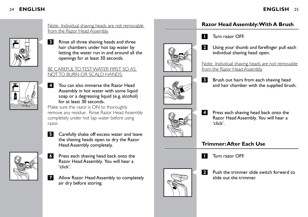 Philips 1059X, 1060X manual Razor Head AssemblyWith a Brush, TrimmerAfter Each Use 