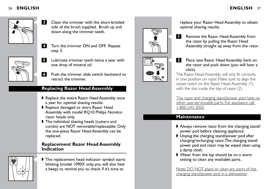 Philips 1060X, 1059X manual Replacing Razor Head Assembly, Replacement Razor Head Assembly Indication, Maintenance 