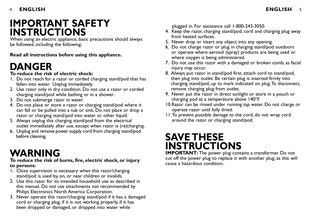 Philips 1059X, 1060X manual Important Safety Instructions 