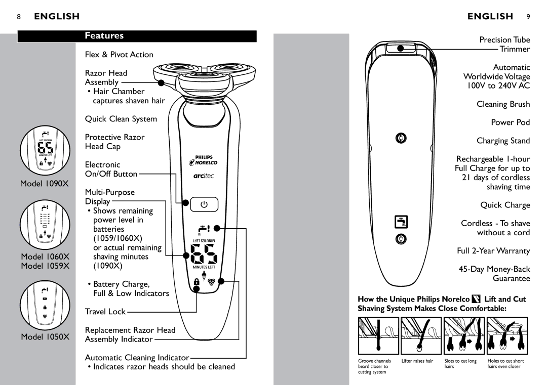 Philips 1059X, 1060X manual Features, Model, Quick Charge, Full 2-Year Warranty Day Money-Back Guarantee 