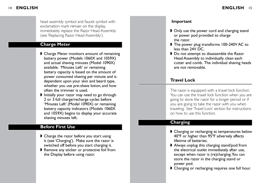 Philips 1060X, 1059X manual Charge Meter, Before First Use, Travel Lock, Charging 