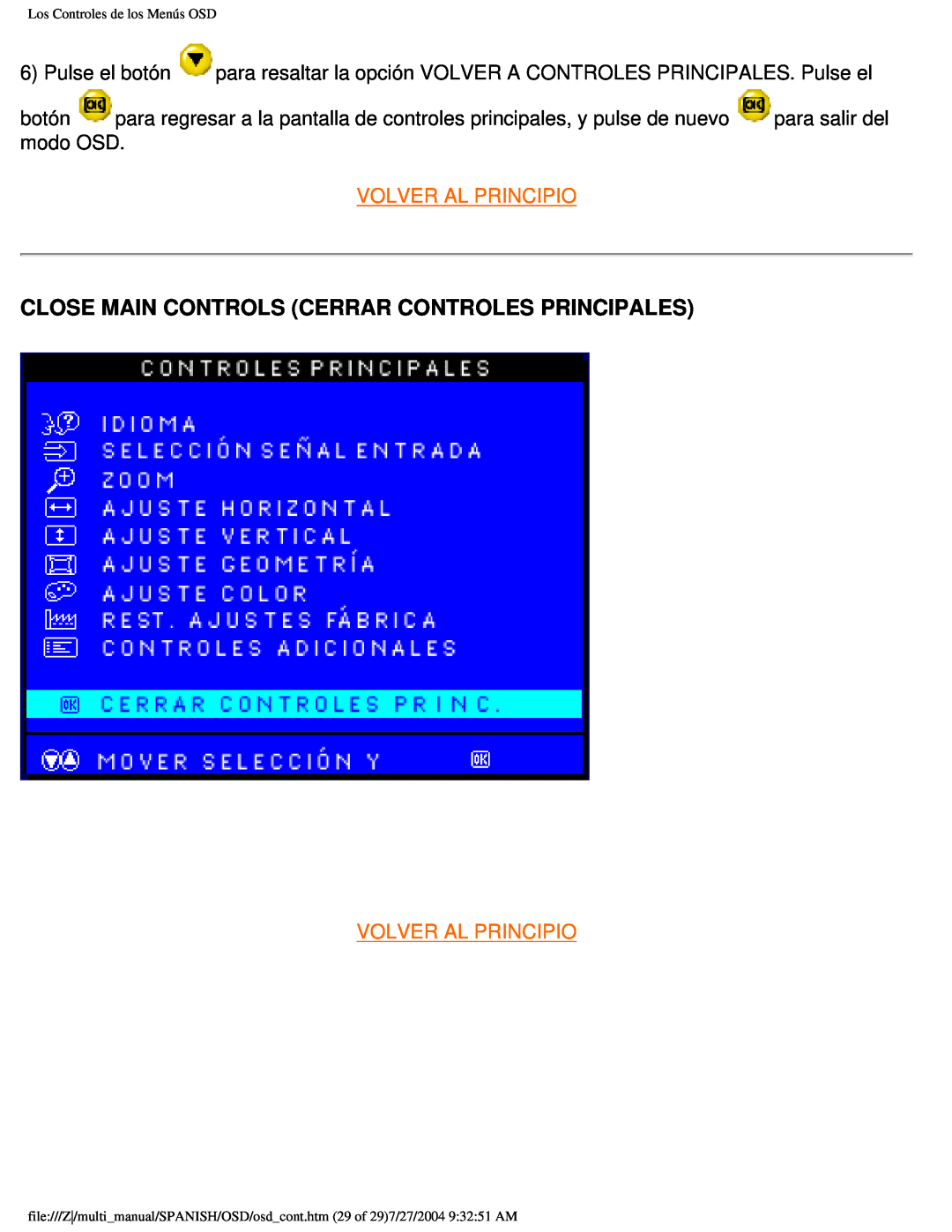 Philips 107B user manual Close Main Controls Cerrar Controles Principales, Volver Al Principio 