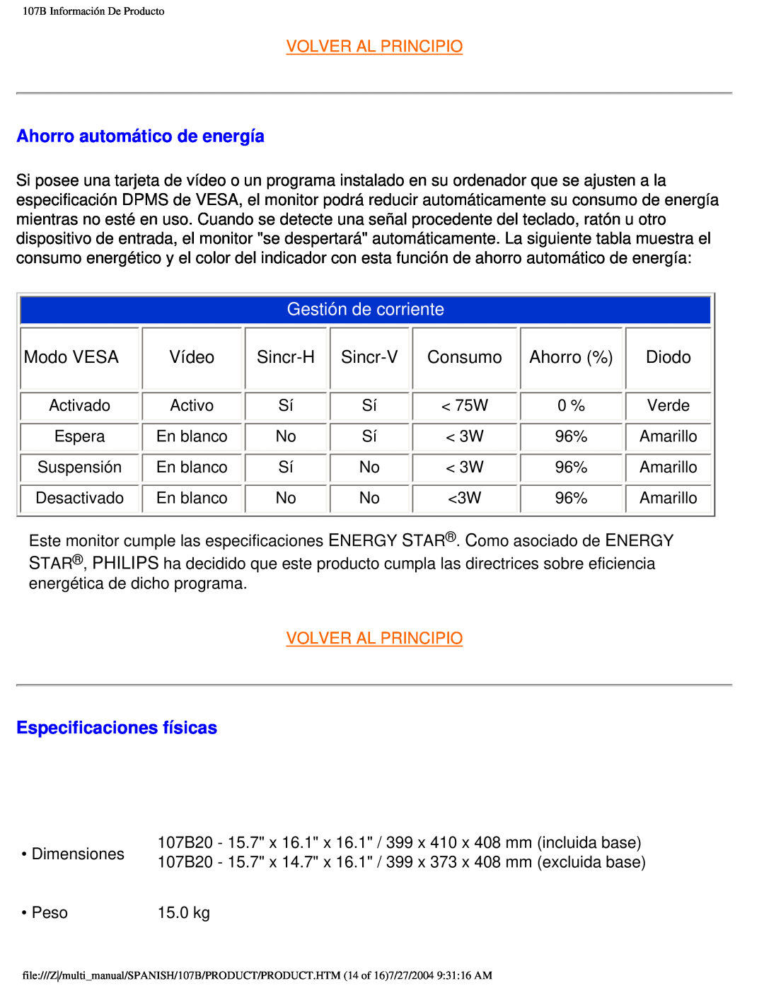 Philips 107B user manual Ahorro automático de energía, Gestión de corriente, Modo VESA, Sincr-H, Consumo, Ahorro % 