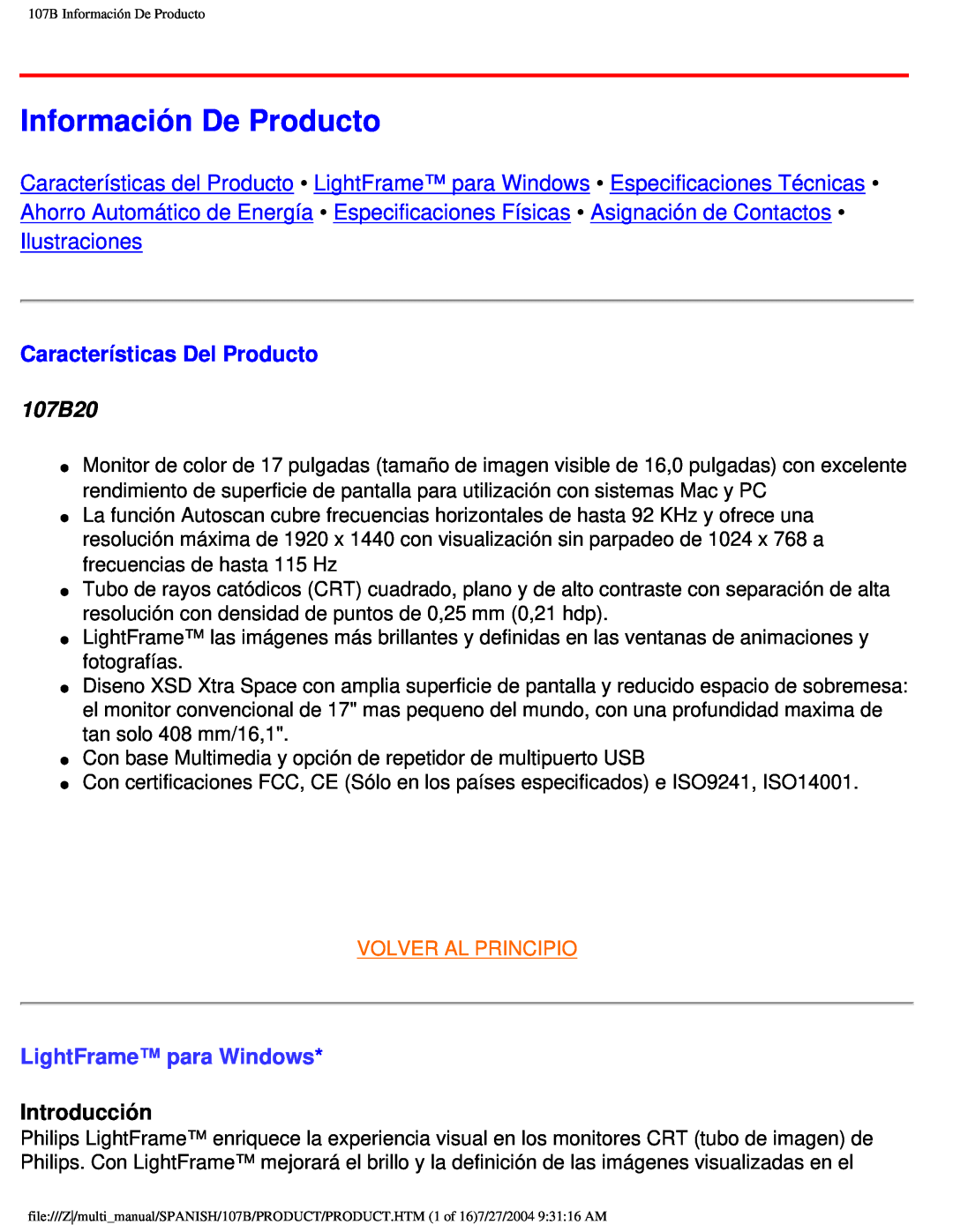 Philips user manual Información De Producto, Características Del Producto, 107B20, LightFrame para Windows, Introducción 
