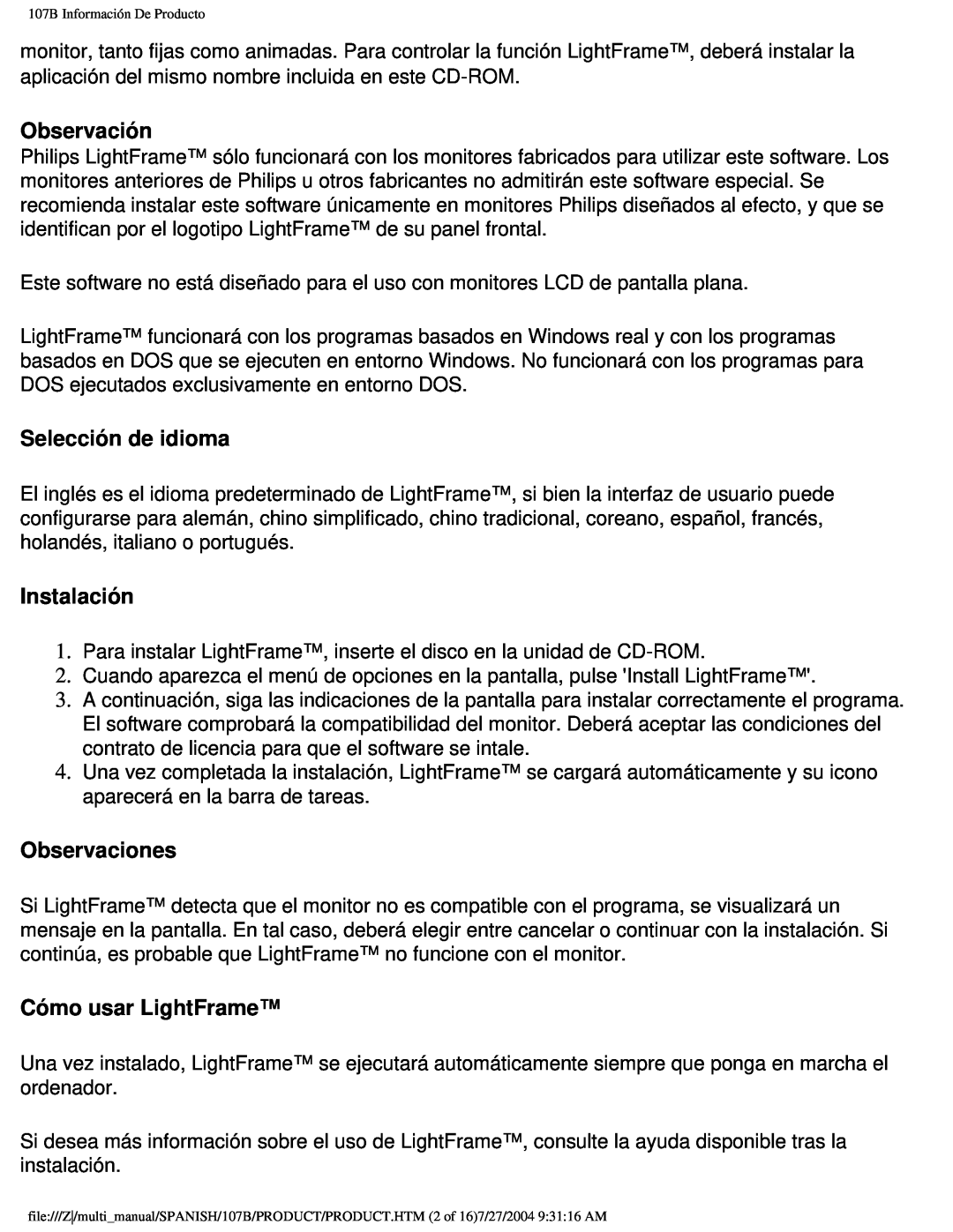 Philips 107B user manual Observación, Selección de idioma, Instalación, Observaciones, Cómo usar LightFrame 