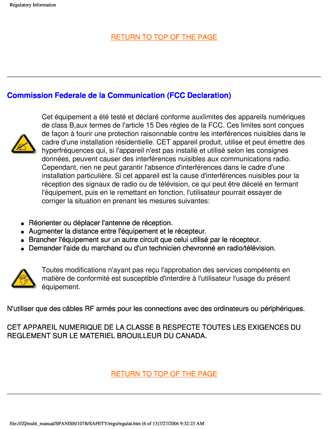Philips 107B user manual Commission Federale de la Communication FCC Declaration, Return To Top Of The Page 