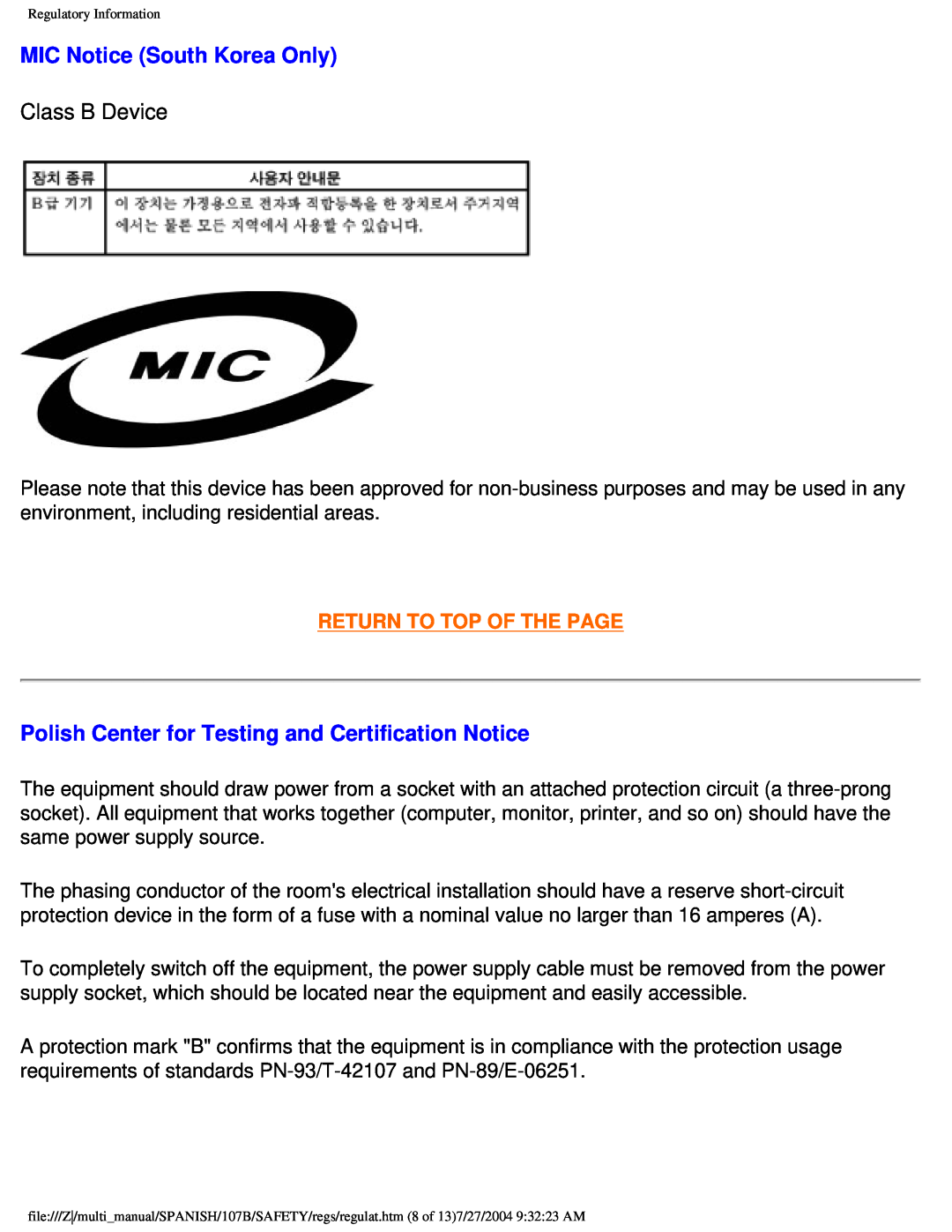 Philips 107B user manual MIC Notice South Korea Only, Class B Device, Polish Center for Testing and Certification Notice 