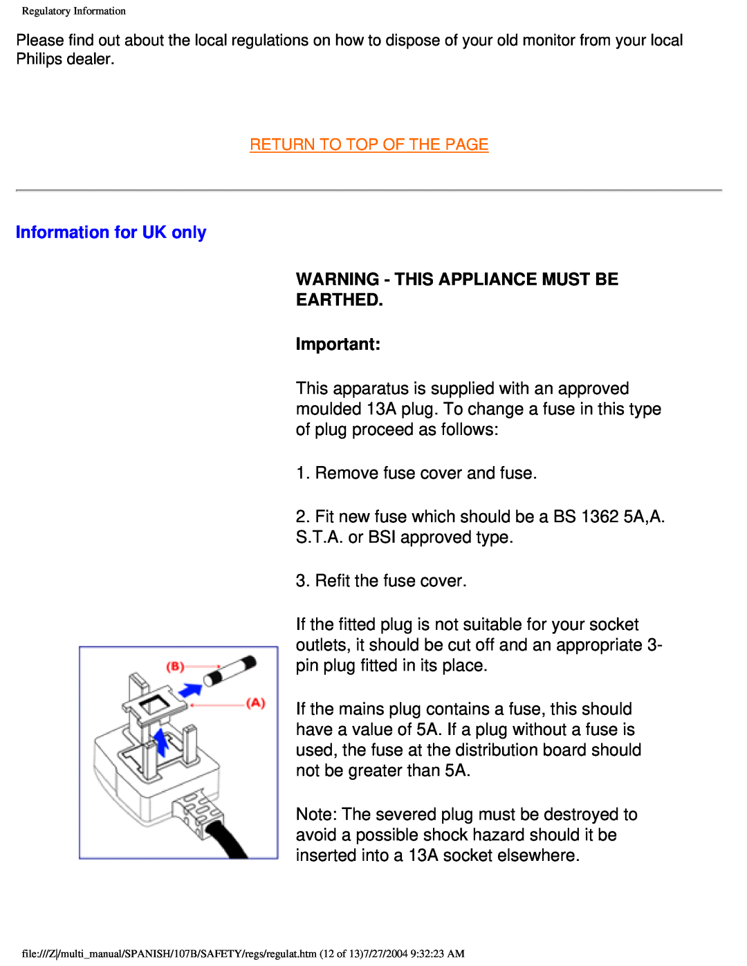 Philips 107B user manual Information for UK only, Warning - This Appliance Must Be Earthed 