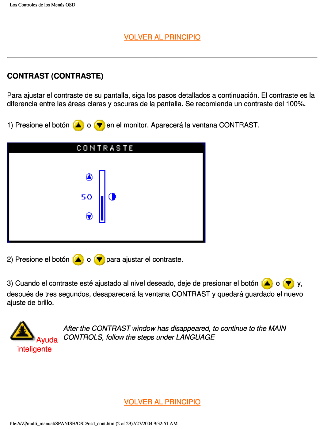 Philips 107B user manual Contrast Contraste, inteligente, Volver Al Principio 